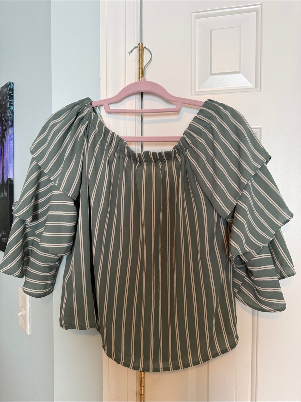 Romeo + Juliet Couture Green & White Striped Off the Shoulder Ruffle Sleeve Top